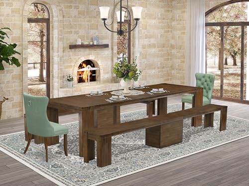 Luxe by East West Furniture X02DA-208-22-5 Pieces Extendable Dining Set Includes a Rectangle Xtenczar Dinner Table, 2 Willow Green Polyester Fabric Dining Chairs and 2 Modern Benches, Antique Walnut